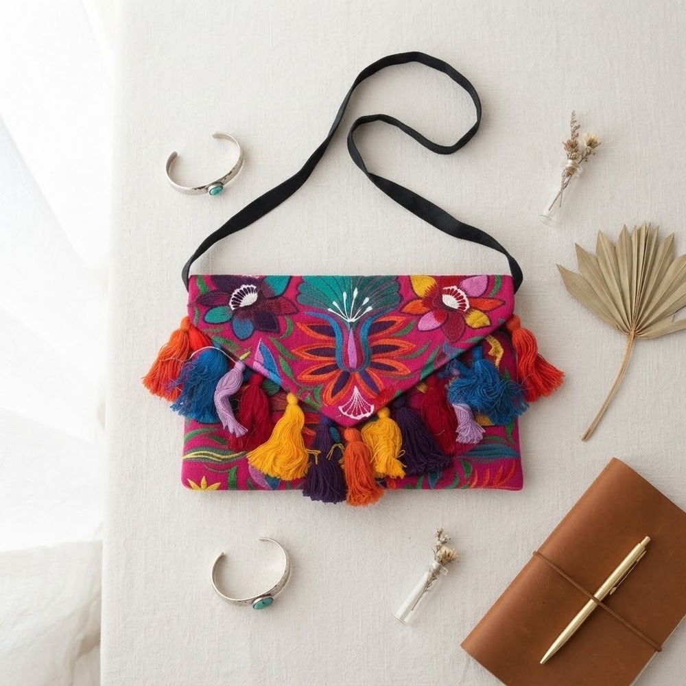 Crossbody Bag Womens Small Pink Floral Embroidered Tassel Boho Style